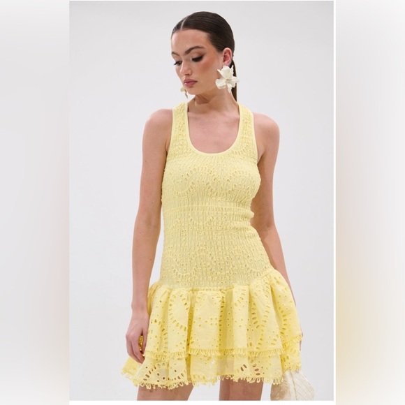 NWT AKIRA Sunny Yellow Lace Mini Dress with ruffles - Picture 3 of 6